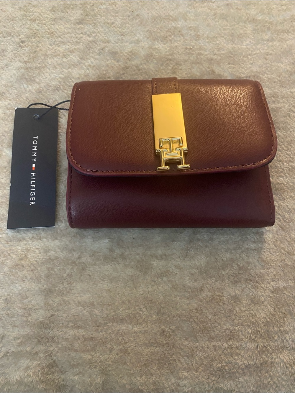 Tommy Hilfiger Wine Leather Wallet with Gold-Tone H Clasp